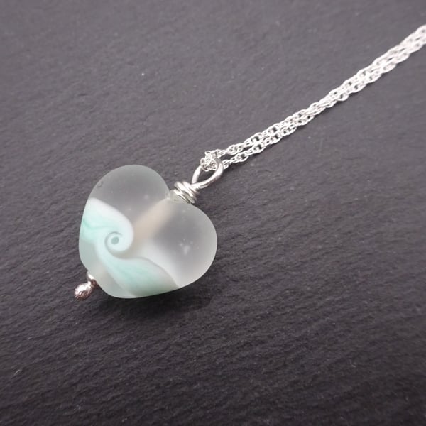 lampwork glass green swirl heart pendant necklace, sterling silver chain