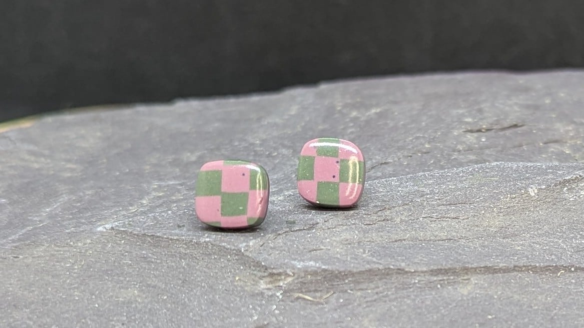 Dusky pink and green square chequerboard earrings