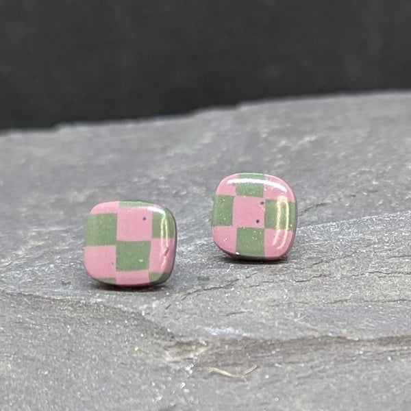 Dusky pink and green square chequerboard earrings