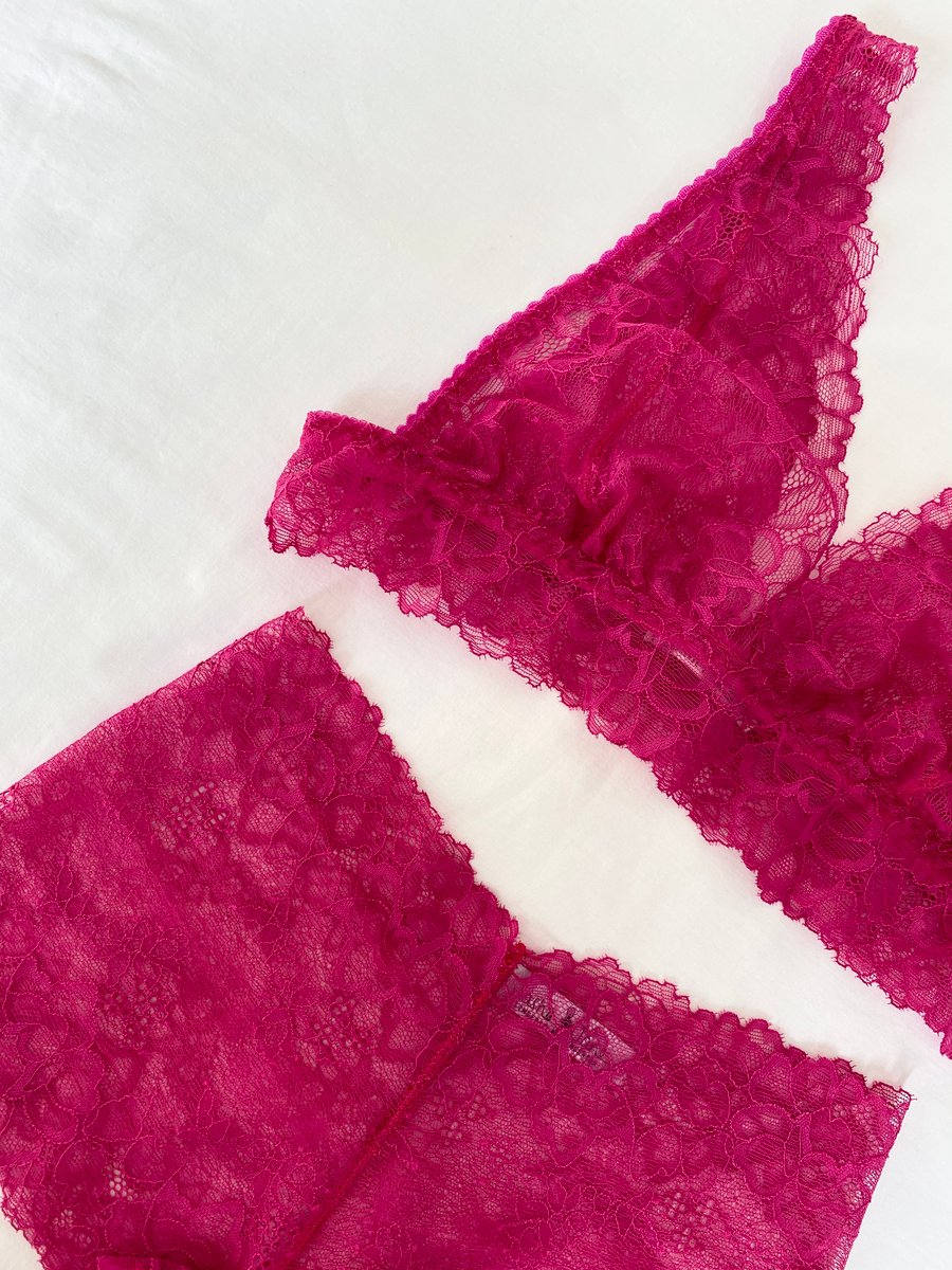 Handmade bright pink lace crop top bralette & high-waisted knicker set