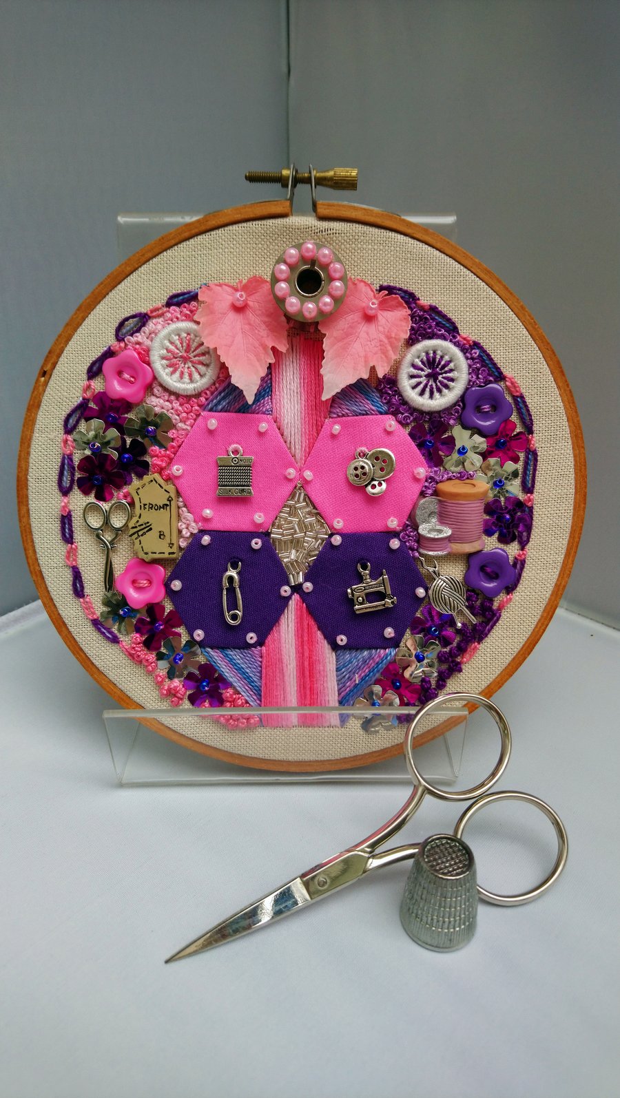Collage Sewing Room Theme Mixed Media in Embroidery Hoop 