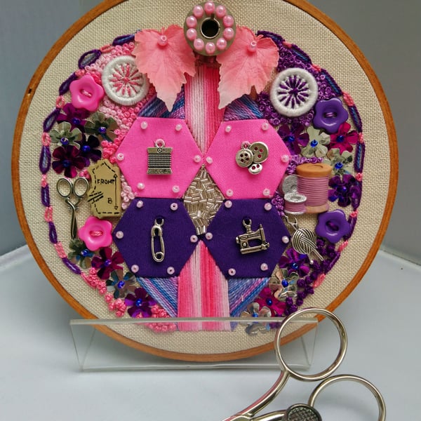 Collage Sewing Room Theme Mixed Media in Embroidery Hoop 