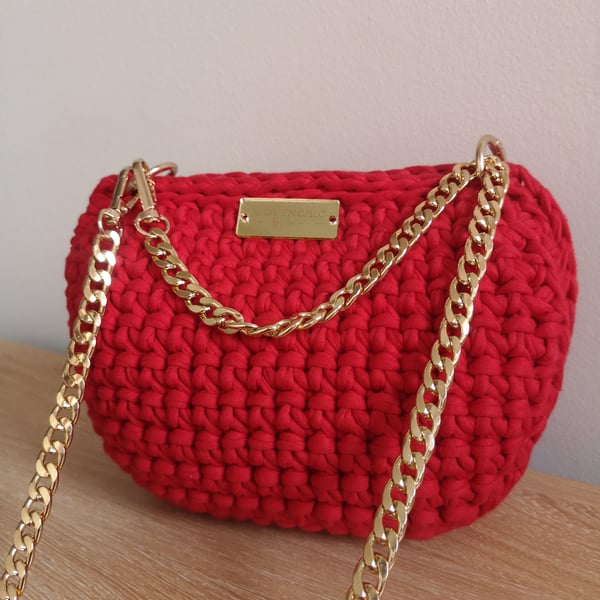 Red crochet bag