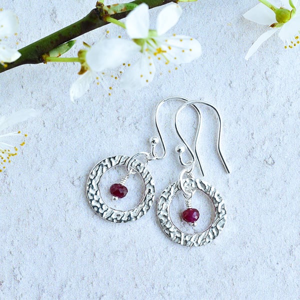 Ruby and Fine Silver Circle Earrings