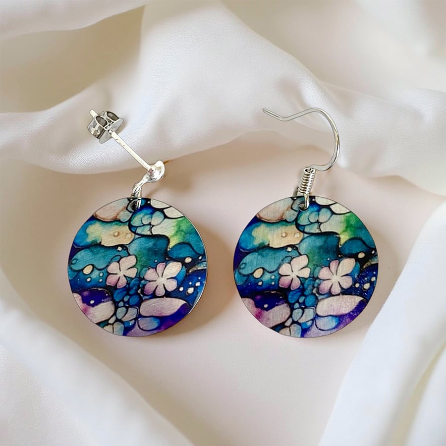 Stud drop earrings, purple blue 19mm floral discs, sterling silver (837)