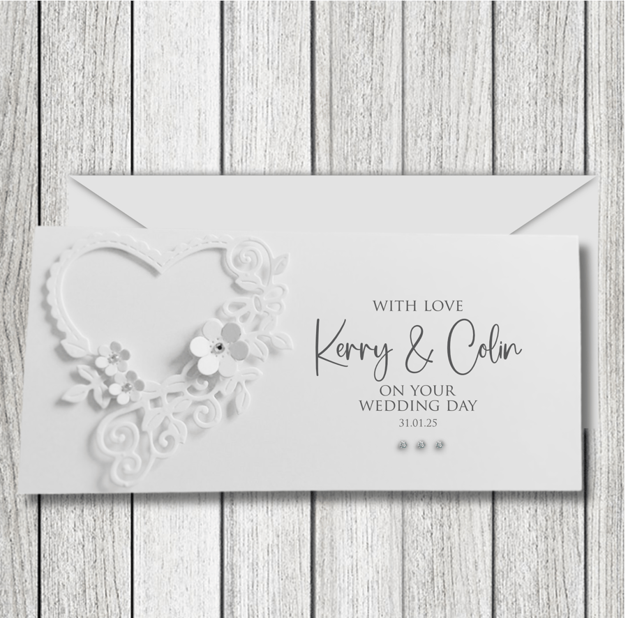 Personalised All White Floral Heart Money Gift Voucher Wallet or Card