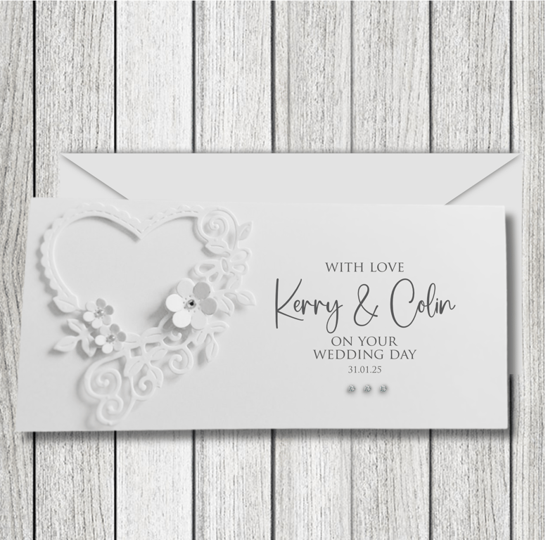 Personalised All White Floral Heart Money Gift Voucher Wallet or Card