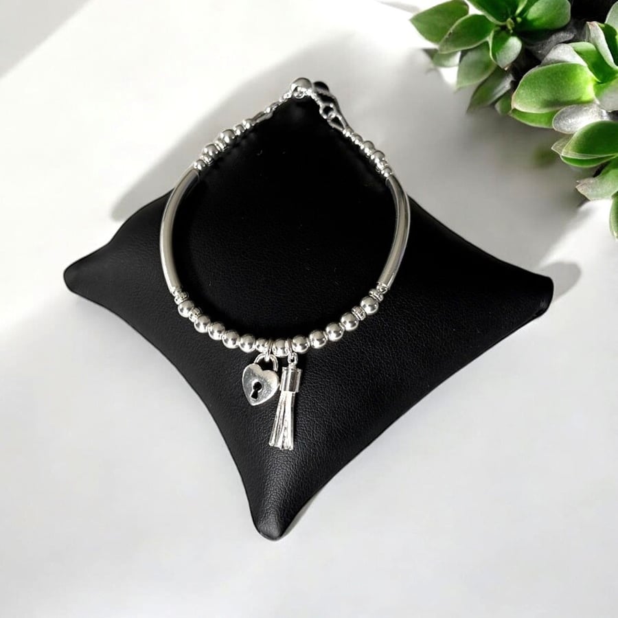 Sterling Silve Heart Lock & Tassel Charm Bracelet, Beaded Ball Bracelet