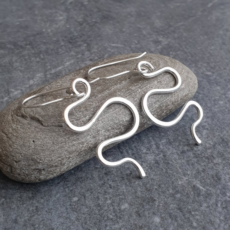 Sterling silver wave earrings, Shorter length, Forged curvy earrings