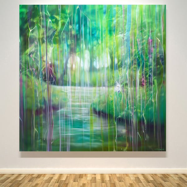 Emanation is a semi-abstract contemporary landscape with a white egret on green