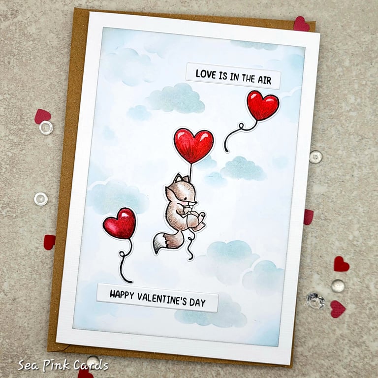 Valentine Card - Fox, Heart Balloons, Clouds, Love is in the Air