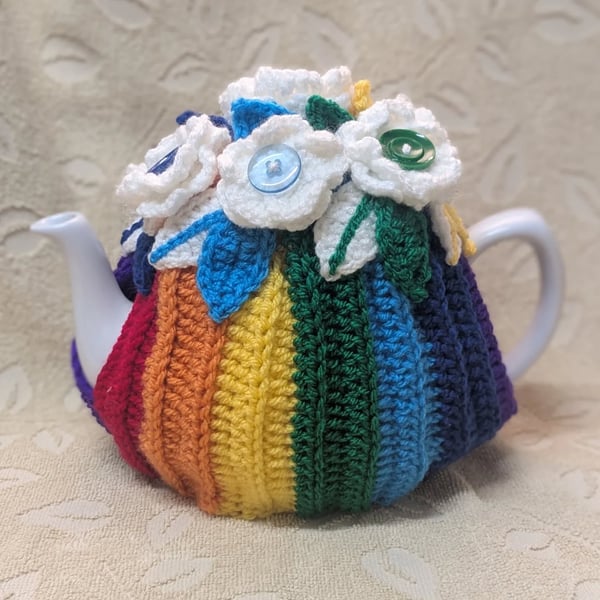 Rainbow Stripe with White Flowers Tea Cosy to fit a medium sized 4-6 cup teapot