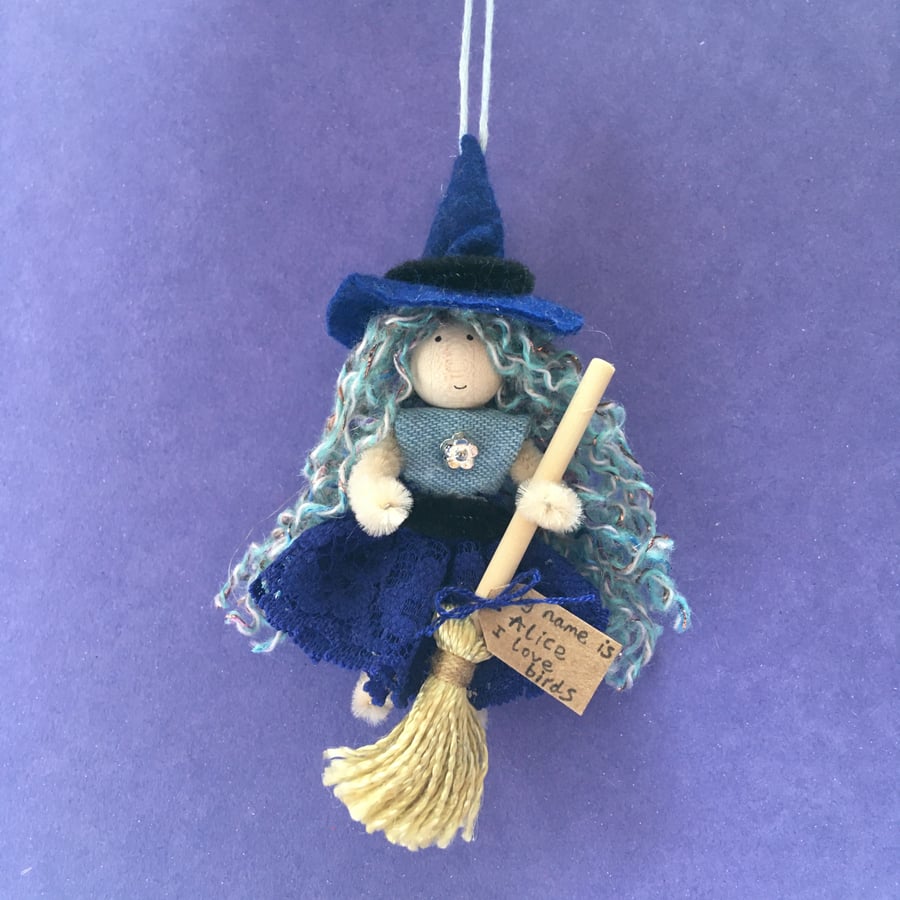 Tiny Witch Doll Hanging Decoration, Sparkly Blue Hair, Alice, Witch Core