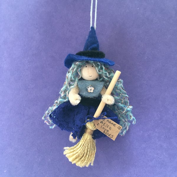 Tiny Witch Doll Hanging Decoration, Sparkly Blue Hair, Alice, Witch Core