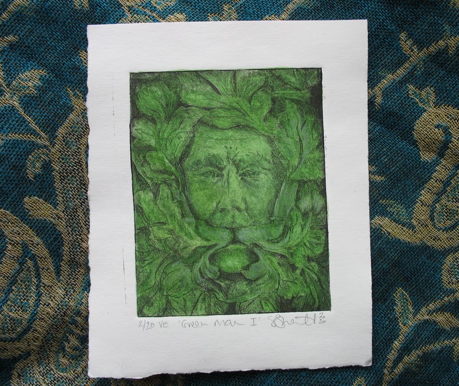 Green Man drypoint etching print with watercolour