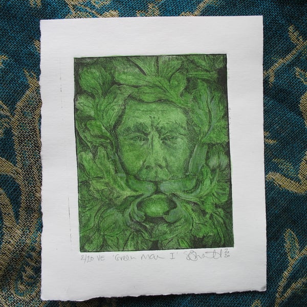 Green Man drypoint etching print with watercolour