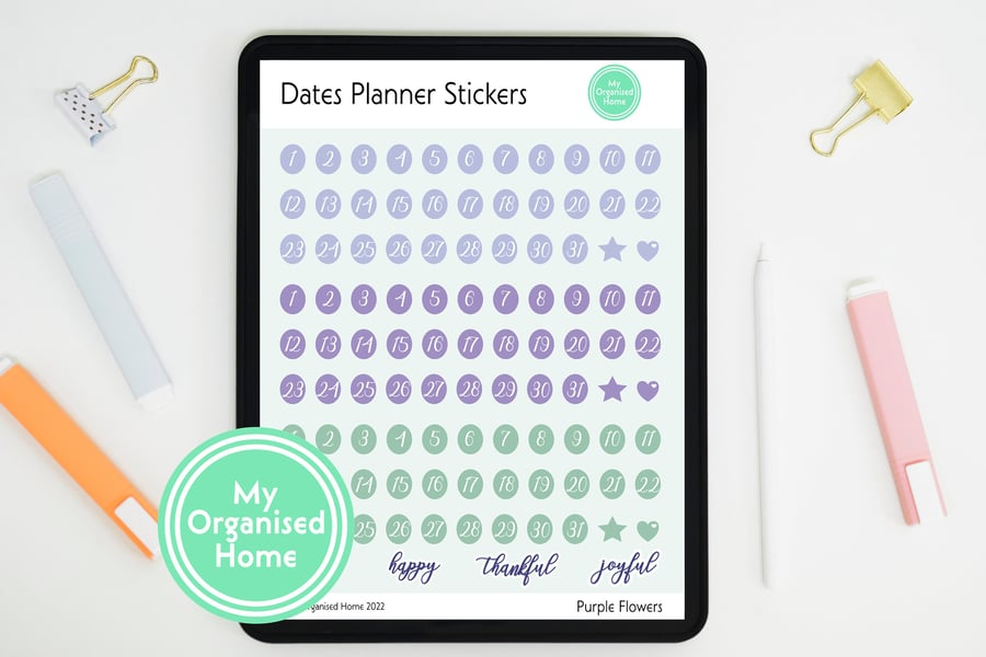 Dates Digital Planner Stickers - PNG & GoodNotes Elements file - Purple Flowers