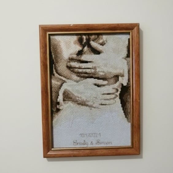 Personalised cross stitch embroidery couple embrace wedding gift, anniversary 