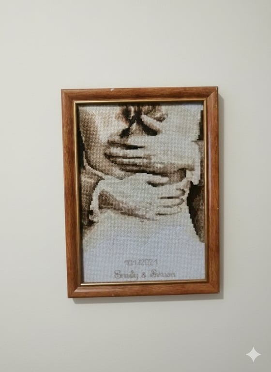 Personalised cross stitch embroidery couple embrace wedding gift, anniversary 