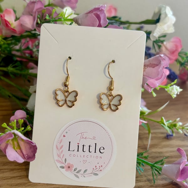Butterfly Dangle Earrings, White Butterfly Charms, Handmade Jewellery 