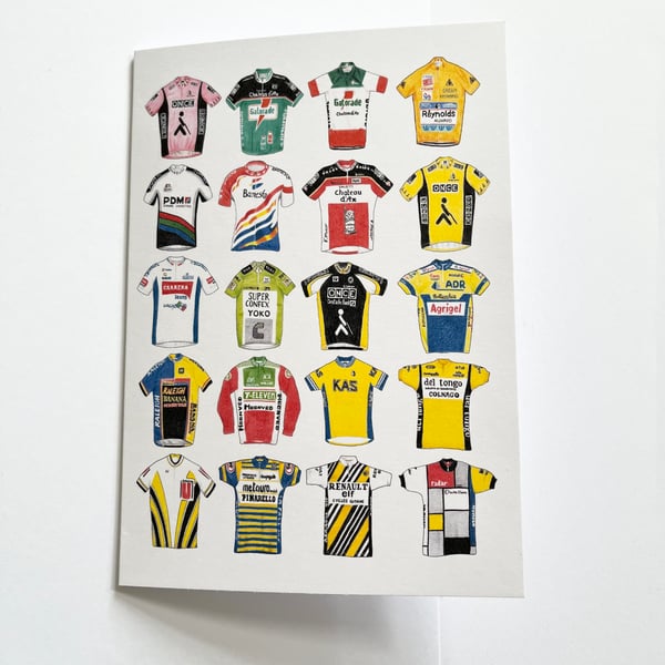 Cycling jerseys greeting card - vintage and retro - blank inside - 7x5 inches