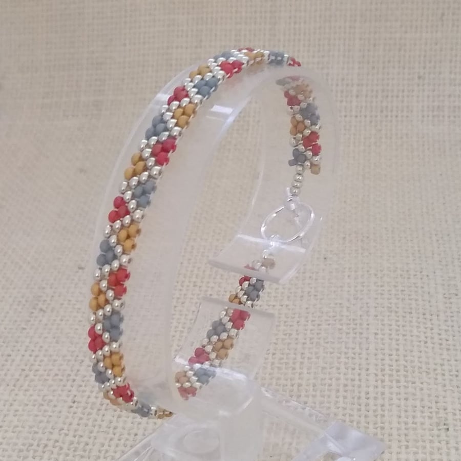 Gold, Cranberry and Grey Zig Zag Seed Bead Bracelet