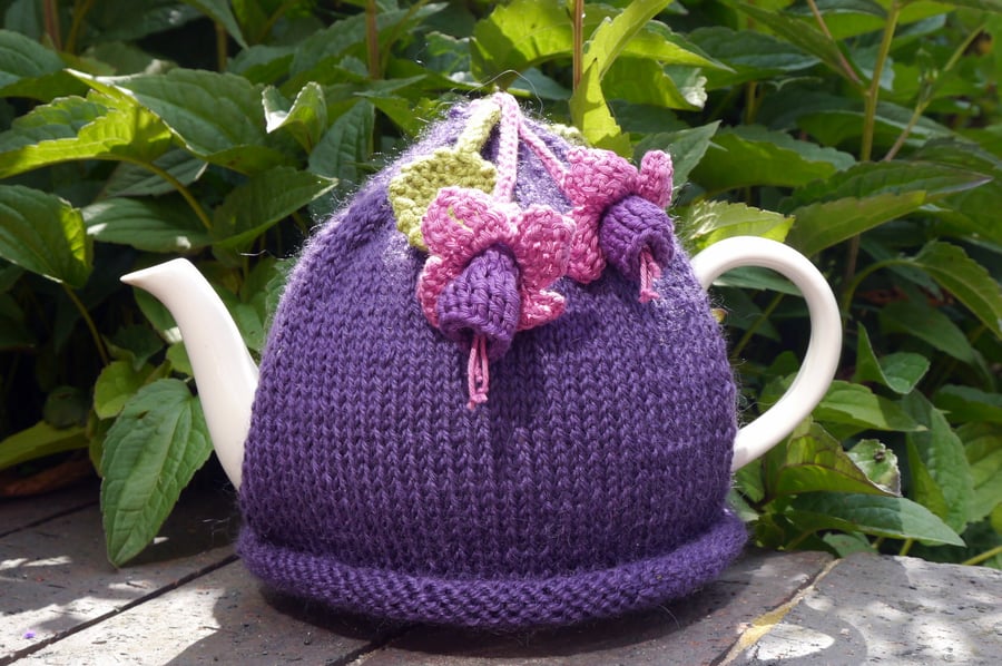 Purple Teapot Cosy with Fuchsia Flowers, Teacosy, Tea Cozy