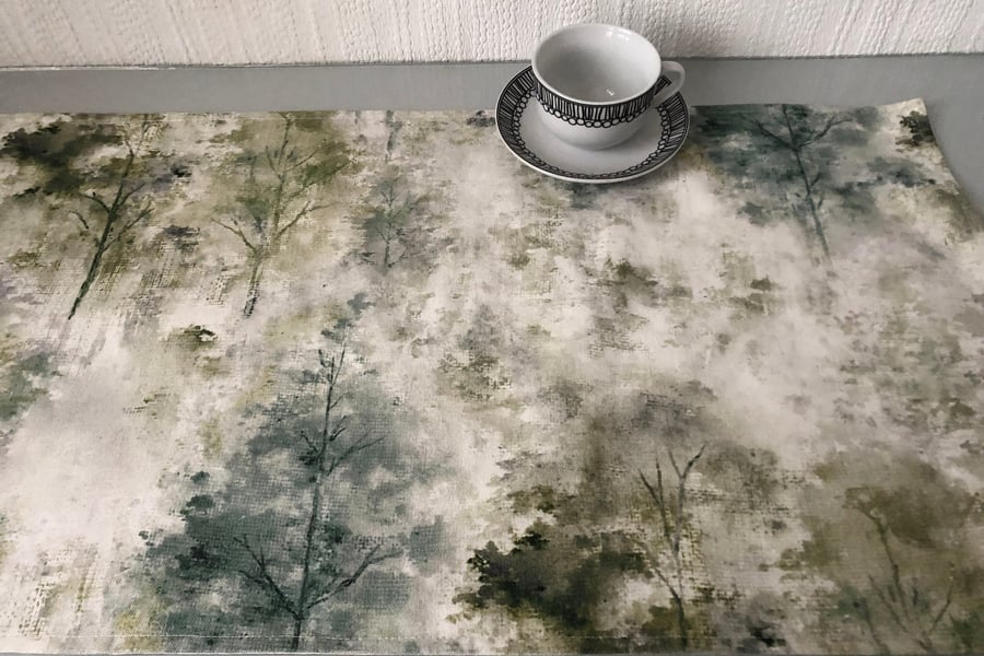 54" Teal Table Runner Woodland Nature Trees 4.5 foot Green Grey Dinner Table Dec