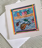 Blank card - handmade collage ‘Beach Huts and Fish No.1’ - Image 2