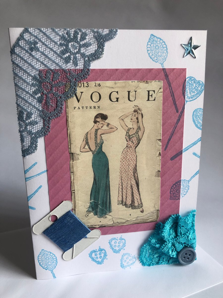 Vintage Vogue Underwear Sewing Pattern Blue Embellished Blank Greeting Card 