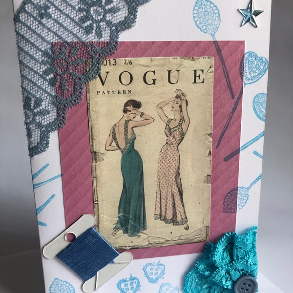 Vintage Vogue Underwear Sewing Pattern Blue Embellished Blank Birthday Card 