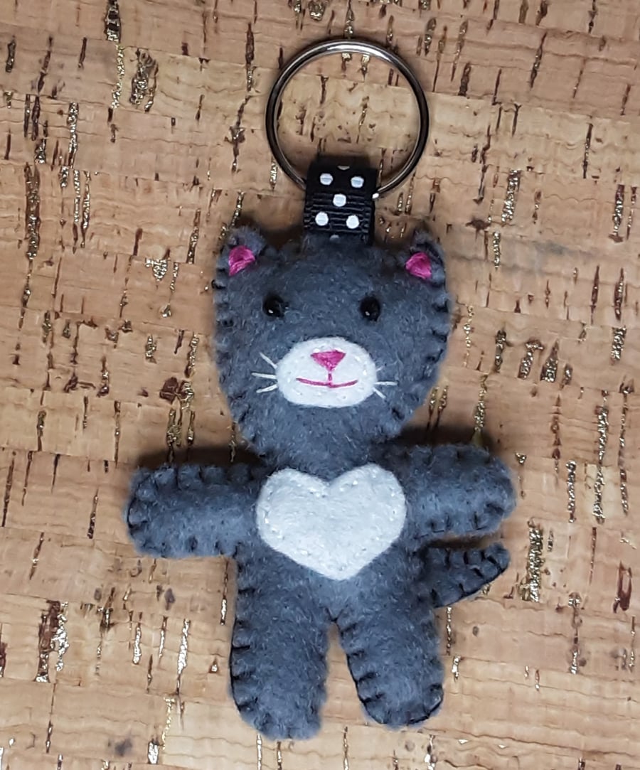 Cat Grey & White Felt Keyring - Bag Charm