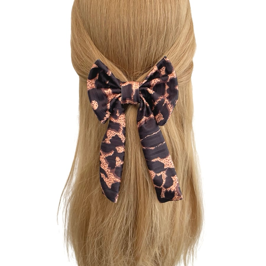  Brown Leopard Print Long Tail Bow with Alligator Clip for Girls Women Eco