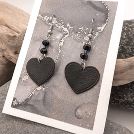Black leather heart earrings with rondelle glass crystal beads