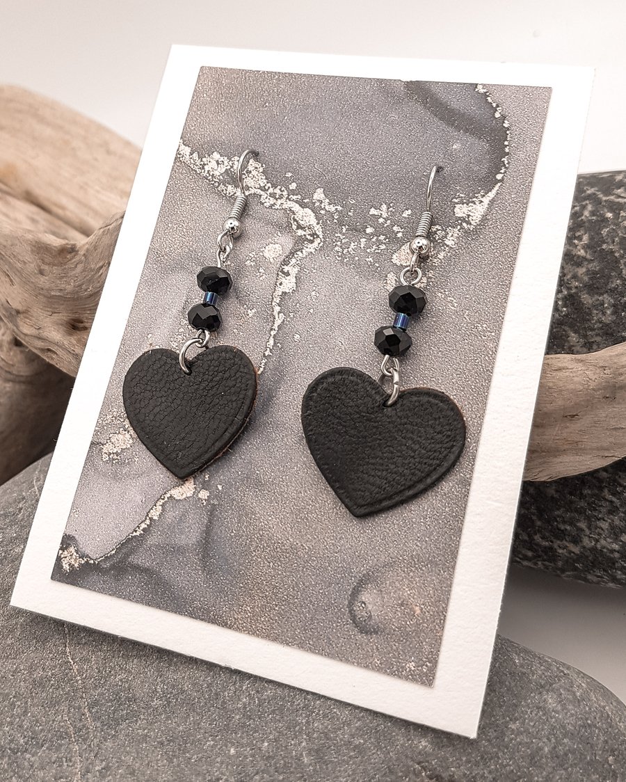 Black leather heart earrings with rondelle glass crystal beads