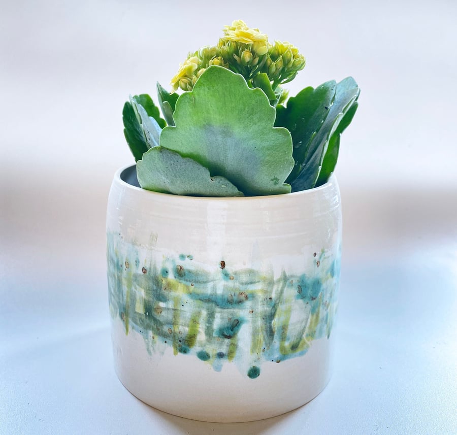 Ceramic wheel thrown pot planter-hand glazed in teal, turquoise blues and greens