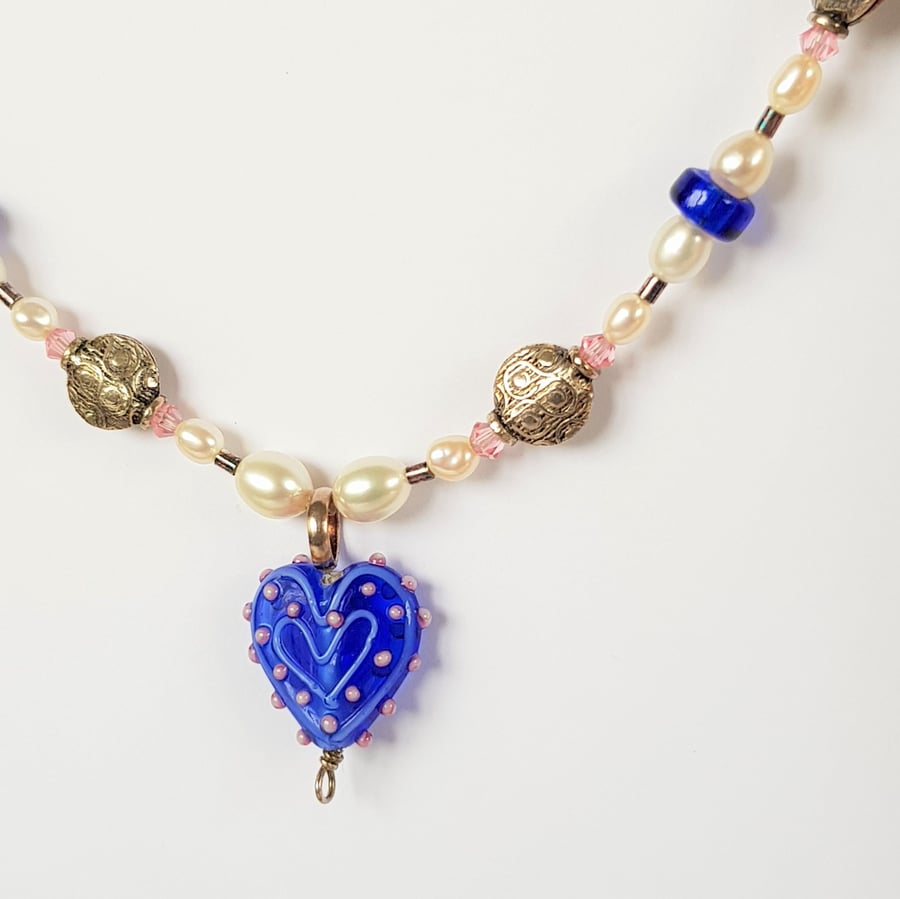 Beaded Heart Necklace - Blue & Pink Spot Glass Lampwork Bead