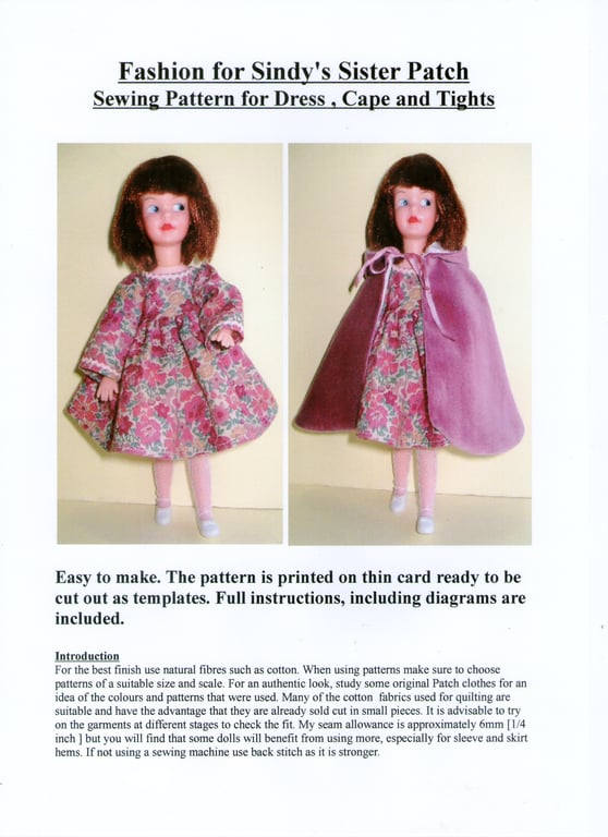 Sewing Pattern for Sindy's sister Patch, Dress, Cape and Tights