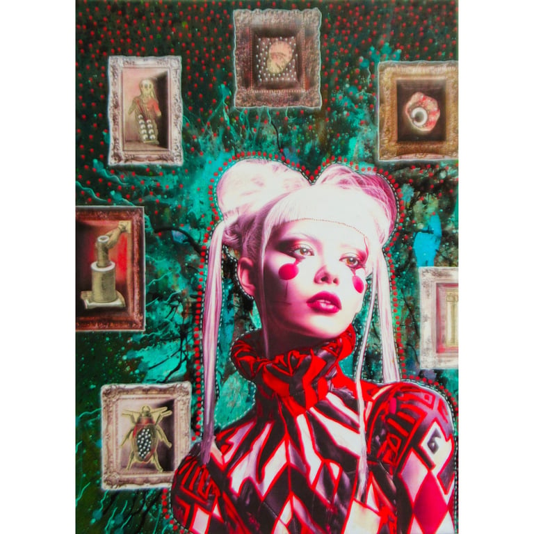 Surreal Portrait Art Red Teal Dark Gothic Fantasy Feminist Collage Female Figure