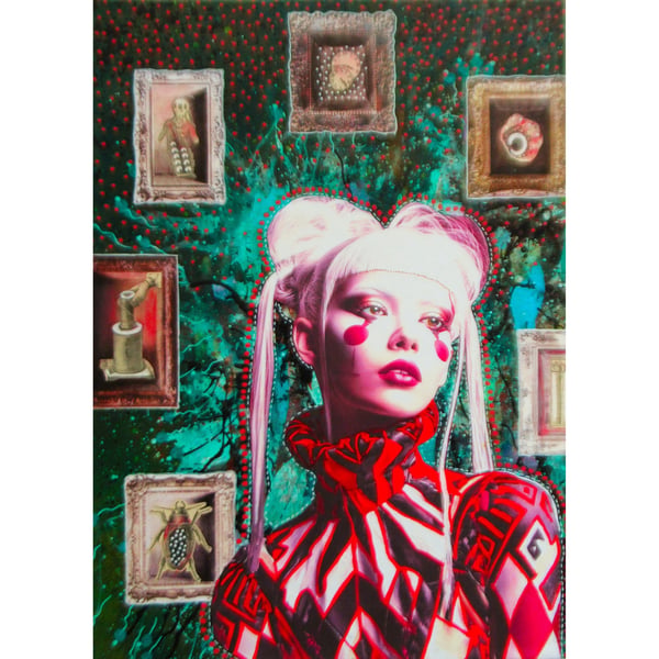 Surreal Portrait Art Red Teal Dark Gothic Fantasy Feminist Collage Female Figure