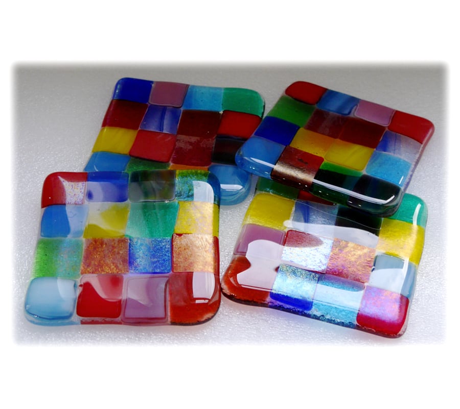 Fused Glass Coaster 8cm Rainbow patchwork Y2 