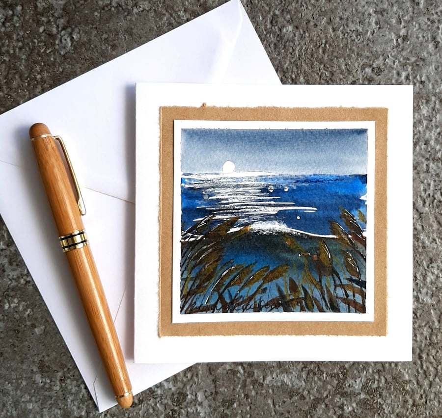 Moonlit Ocean. Handpainted Blank Greetings Card. Scottish Landscape