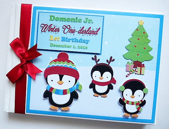 Winter Onederland birthday guest book, Penguins birthday guest book, gift