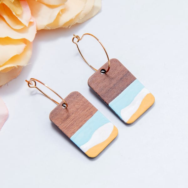 Hand Painted Seashore Wooden Dangle Earrings, Seaside Earrings, Ocean Earrings