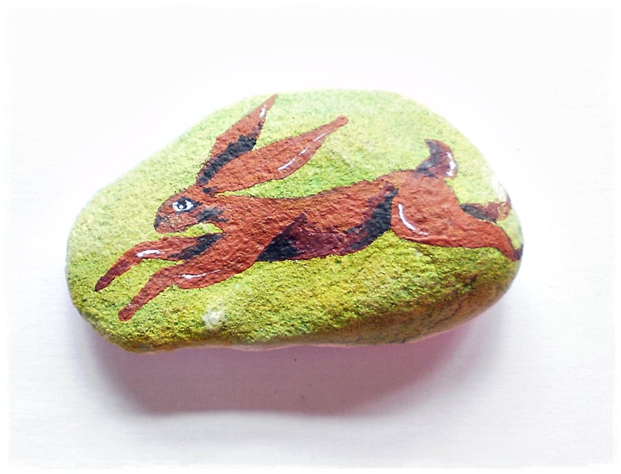 Handpainted Leaping Hare Pebble
