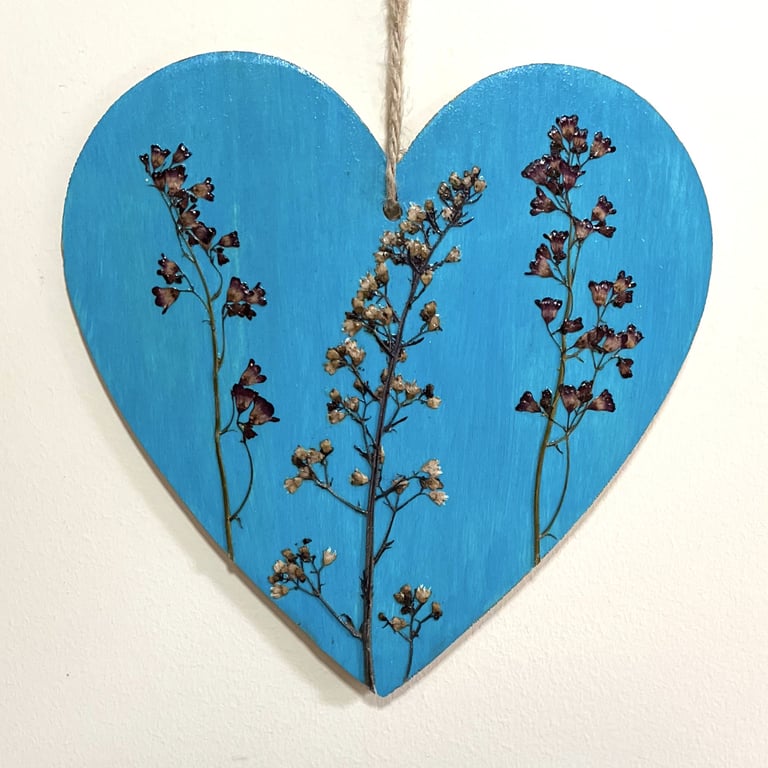 Pressed Flower Hand Painted Hanging Wooden Heart Real Heuchera Flowers