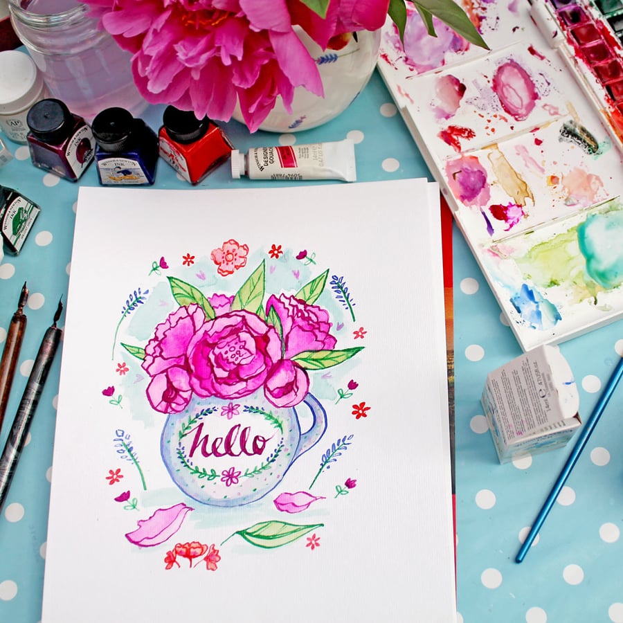 Original Ink & Watercolour Drawing - Hello Peonies 