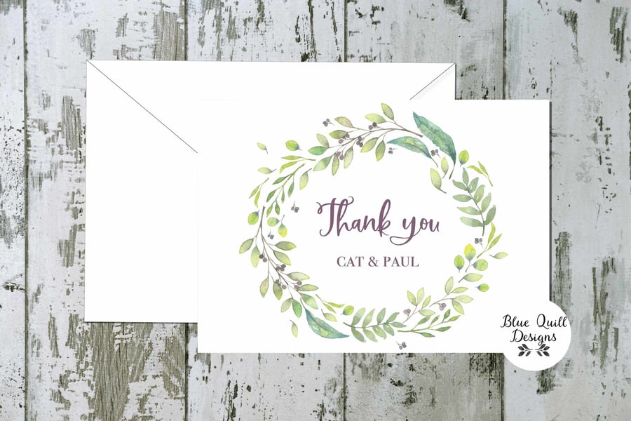 Wedding Thank You Cards - Olive Grove Wreath - pack of 10 - personalised