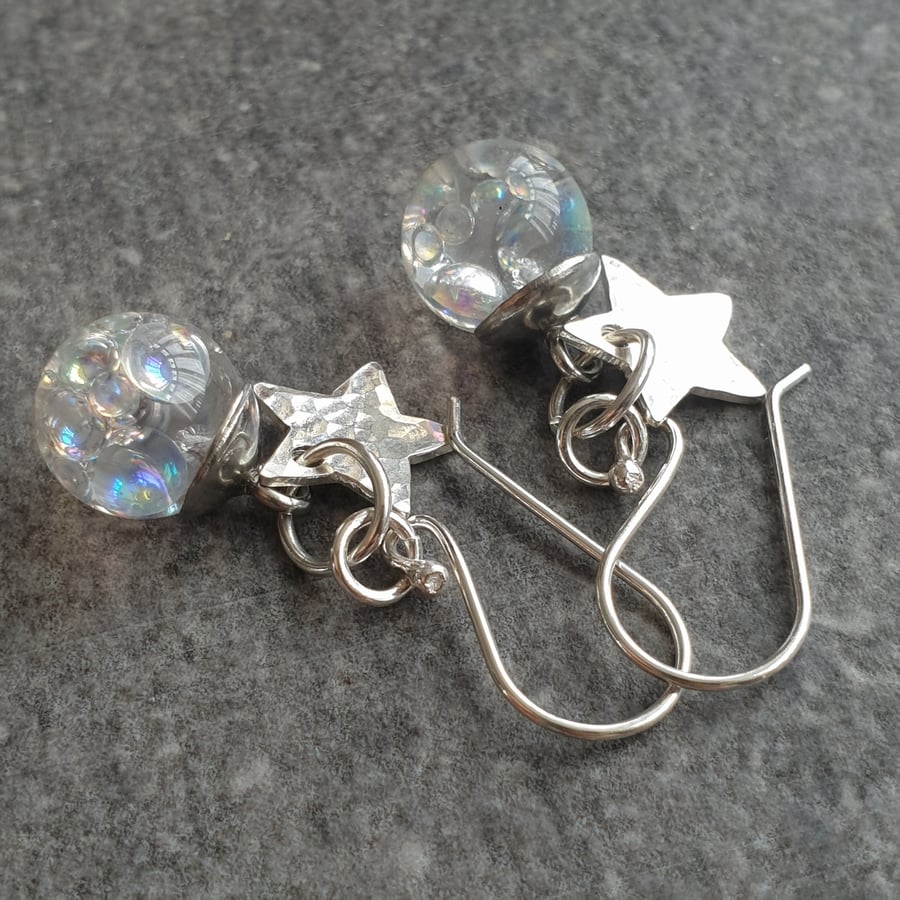 Rainbow bubble earrings, Faerie inspired gift, Silver star earrings