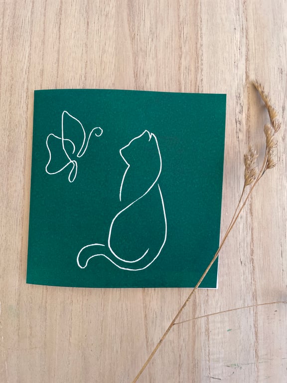 Cat and Butterfly Lino Printed card Green